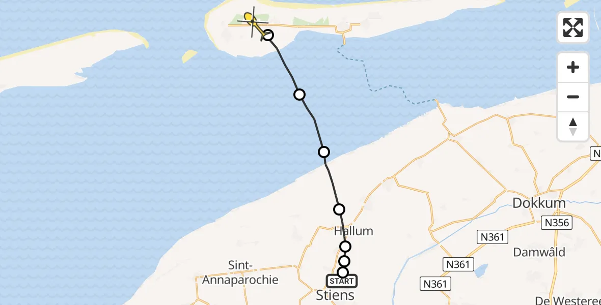 Routekaart van de vlucht: Ambulanceheli naar Ameland Airport Ballum, Mieddyk