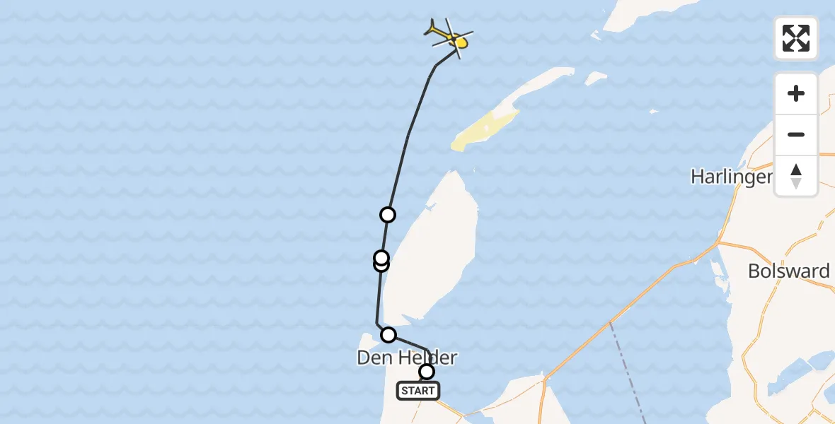 Routekaart van de vlucht: Kustwachthelikopter naar Doggersvaart