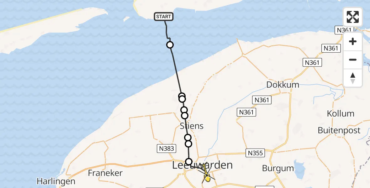Routekaart van de vlucht: Ambulancehelikopter naar Leeuwarden, Uitwatering
