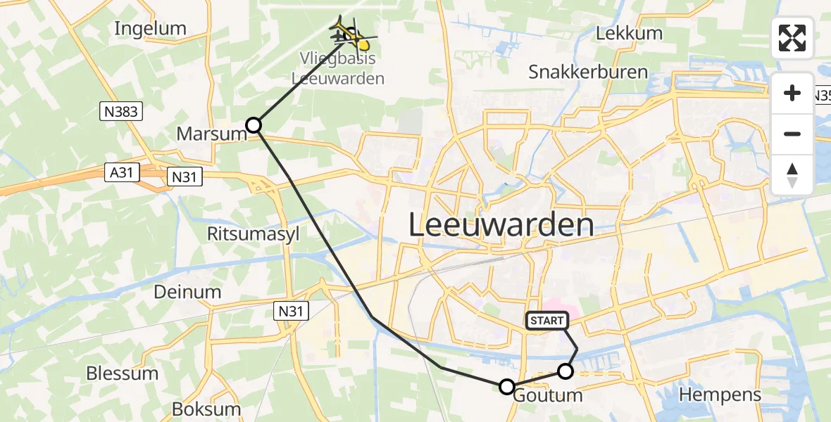 Routekaart van de vlucht: Ambulanceheli naar Vliegbasis Leeuwarden, Boksumerdyk