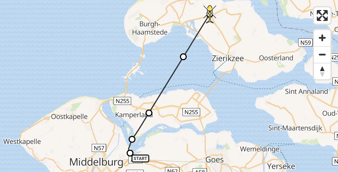 Routekaart van de vlucht: Kustwachthelikopter naar Scharendijke, Oranjepolderseweg