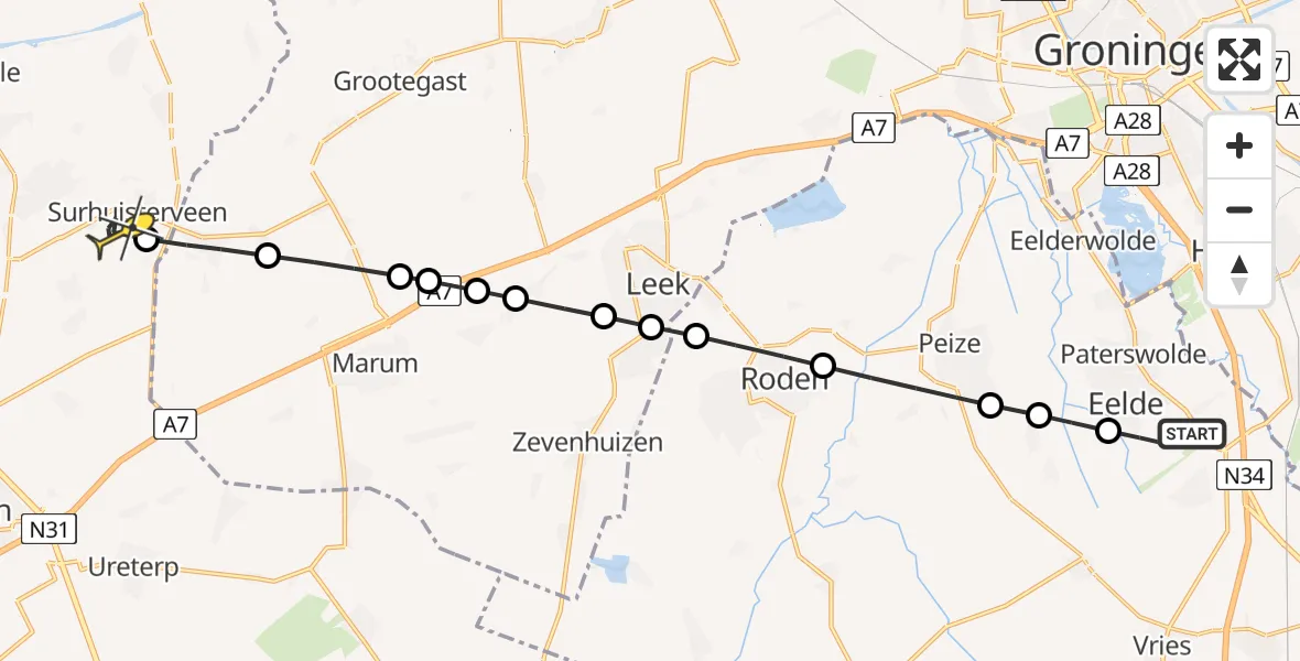 Routekaart van de vlucht: Lifeliner 4 naar Surhuisterveen, Molenweg