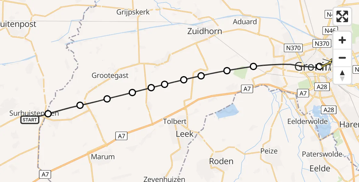 Routekaart van de vlucht: Lifeliner 4 naar Universitair Medisch Centrum Groningen, Lauwersweg