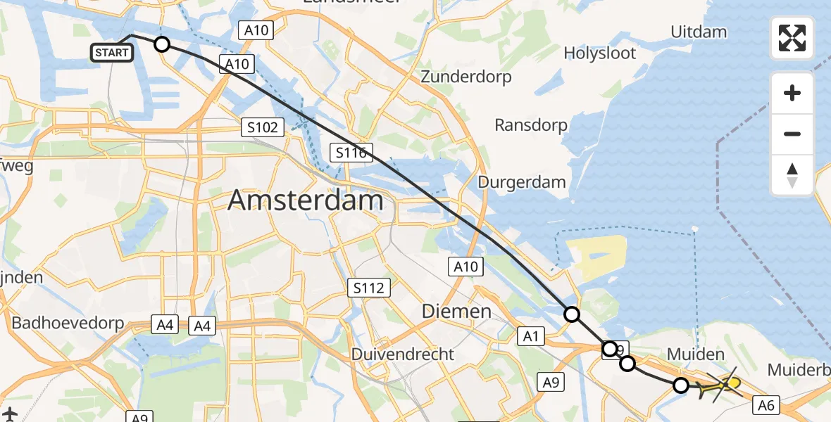 Routekaart van de vlucht: Lifeliner 1 naar Muiden, Westhavenweg