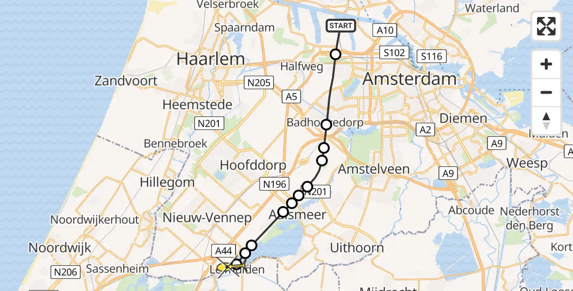 Routekaart van de vlucht: Lifeliner 1 naar Leimuiden, Nieuw-Zeelandweg