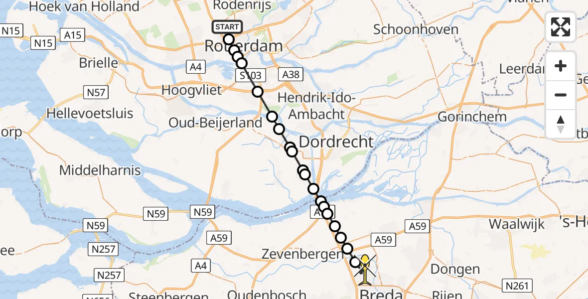 Routekaart van de vlucht: Lifeliner 2 naar Breda, Ypenburgstraat