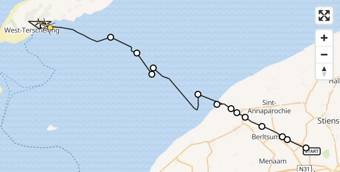 Routekaart van de vlucht: Ambulanceheli naar West-Terschelling, Dyksterhuzen