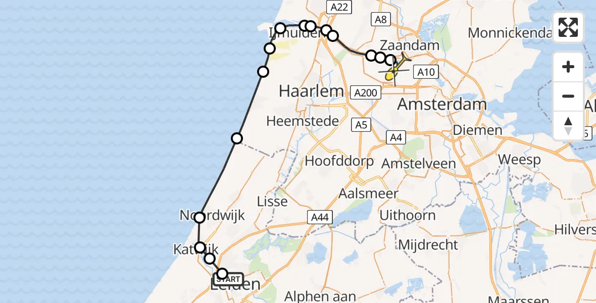 Routekaart van de vlucht: Lifeliner 1 naar Amsterdam Heliport, DZB Kwekerij