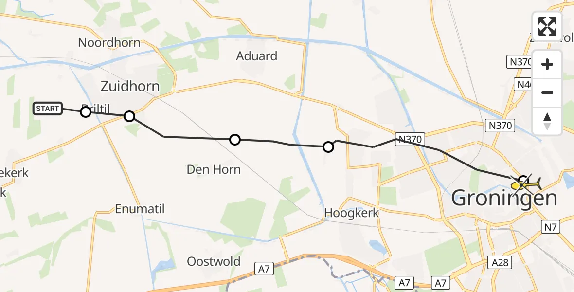 Routekaart van de vlucht: Ambulanceheli naar Universitair Medisch Centrum Groningen, Niekerkerdiep Noordzijde