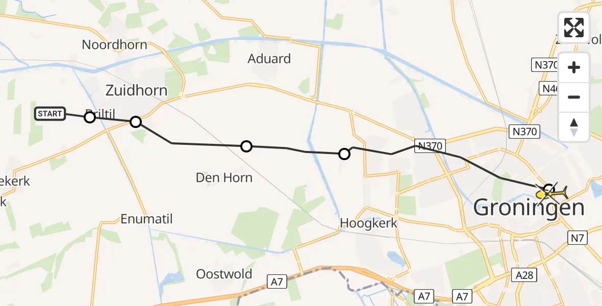 Routekaart van de vlucht: Ambulancehelikopter naar Universitair Medisch Centrum Groningen, Niekerkerdiep Noordzijde
