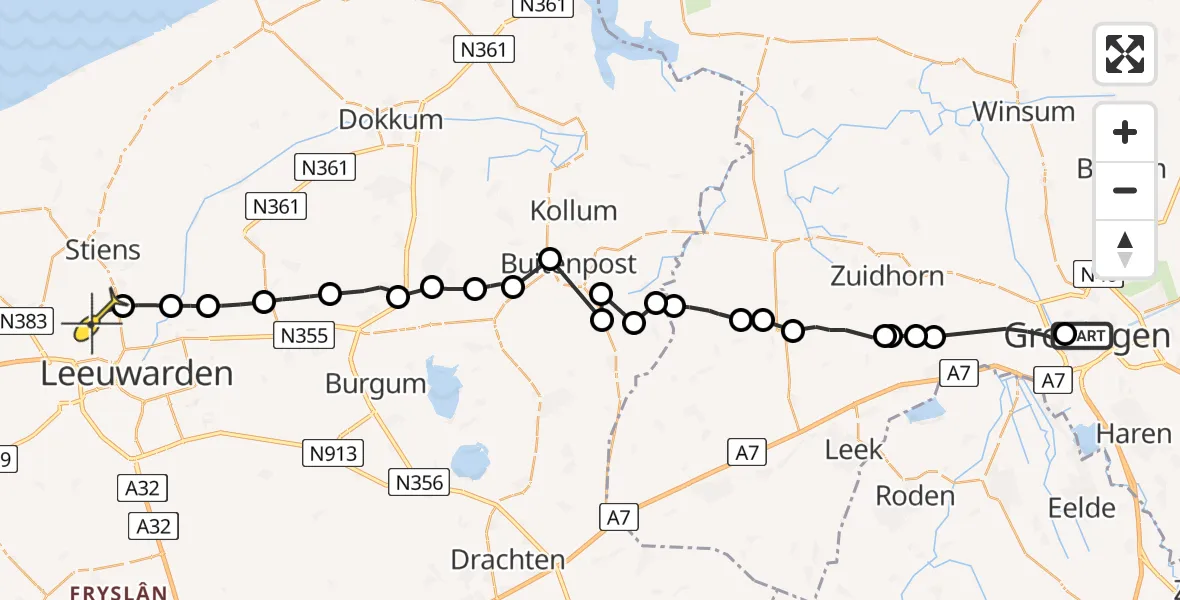 Routekaart van de vlucht: Ambulanceheli naar Vliegbasis Leeuwarden, Jan Steenstraat