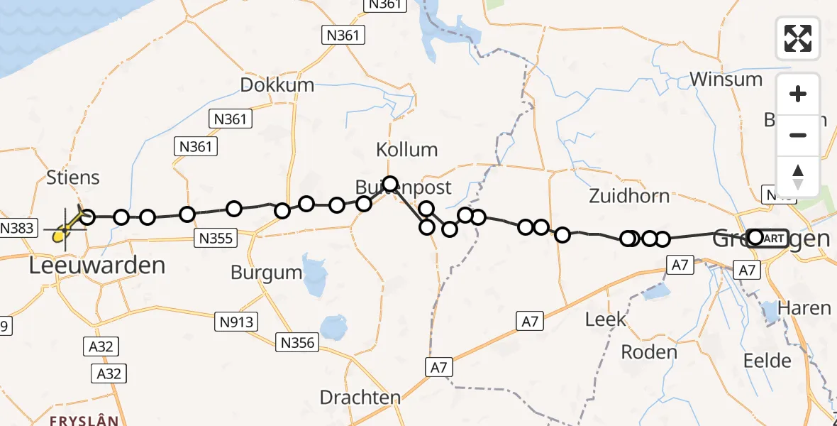 Vluchtroute Ambulancehelikopter van Universitair Medisch Centrum Groningen naar Vliegbasis Leeuwarden