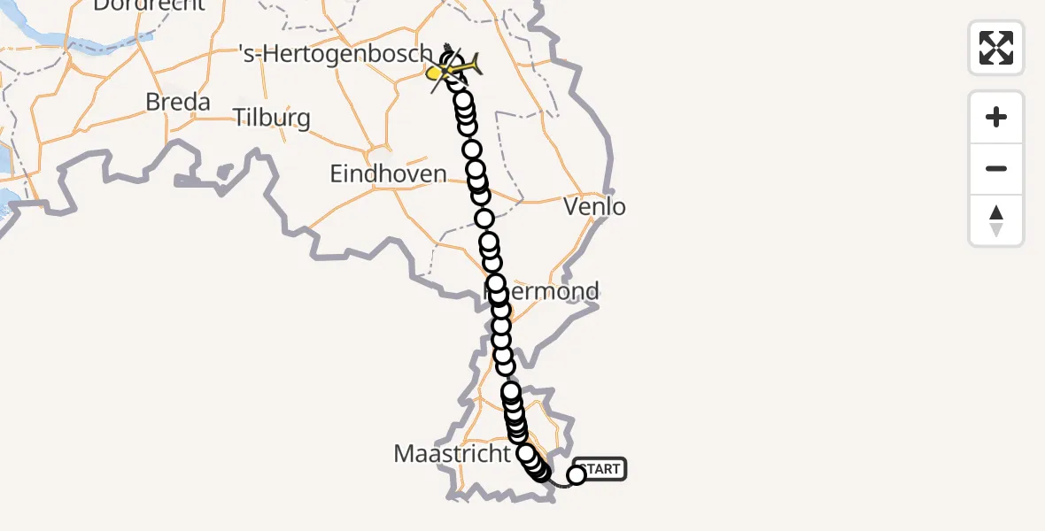 Routekaart van de vlucht: Politiehelikopter naar Vliegbasis Volkel, Zeelandsedijk