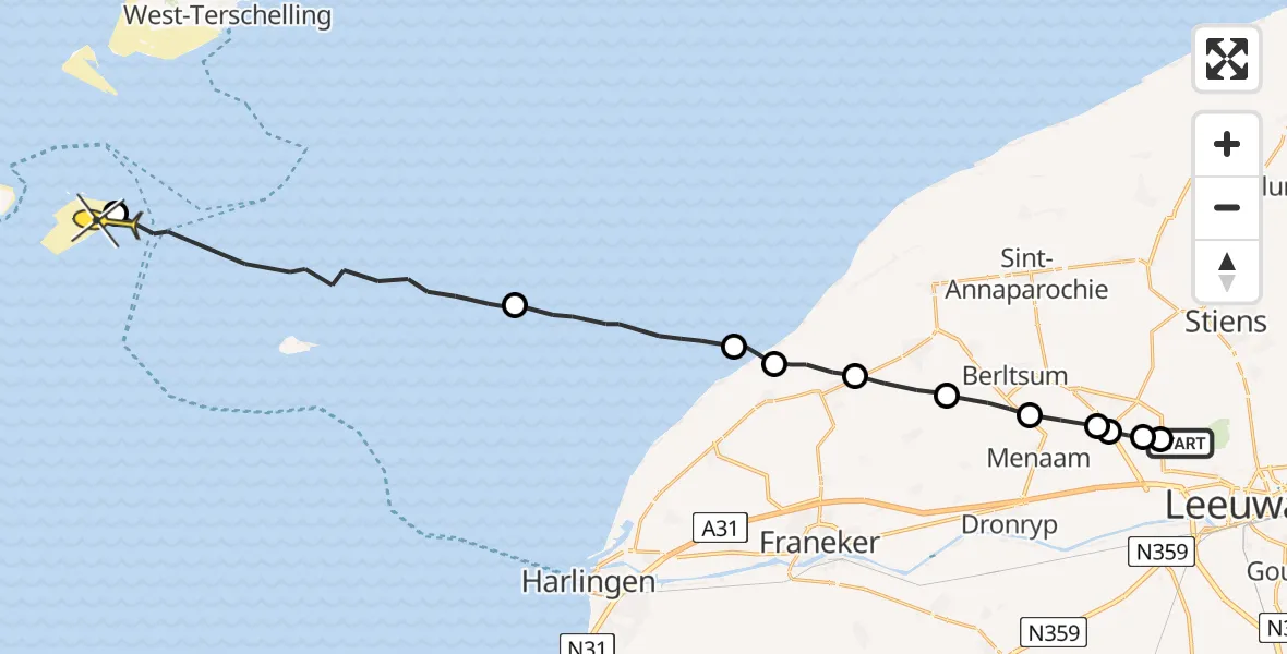 Routekaart van de vlucht: Ambulanceheli naar Vlieland, Tilledyk