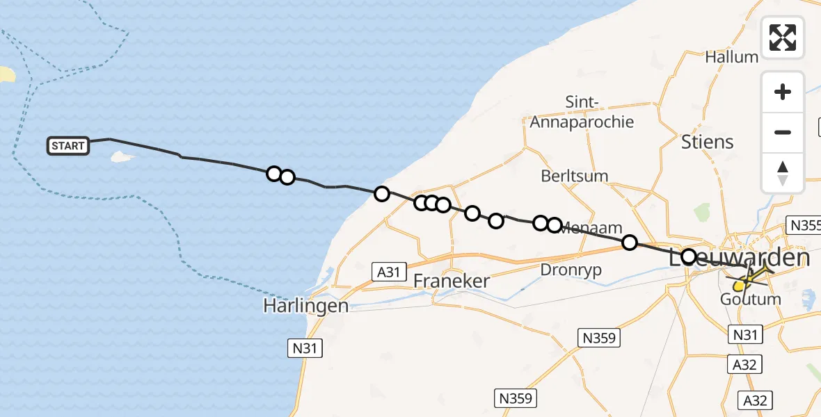 Routekaart van de vlucht: Ambulanceheli naar Leeuwarden, Borniastraat