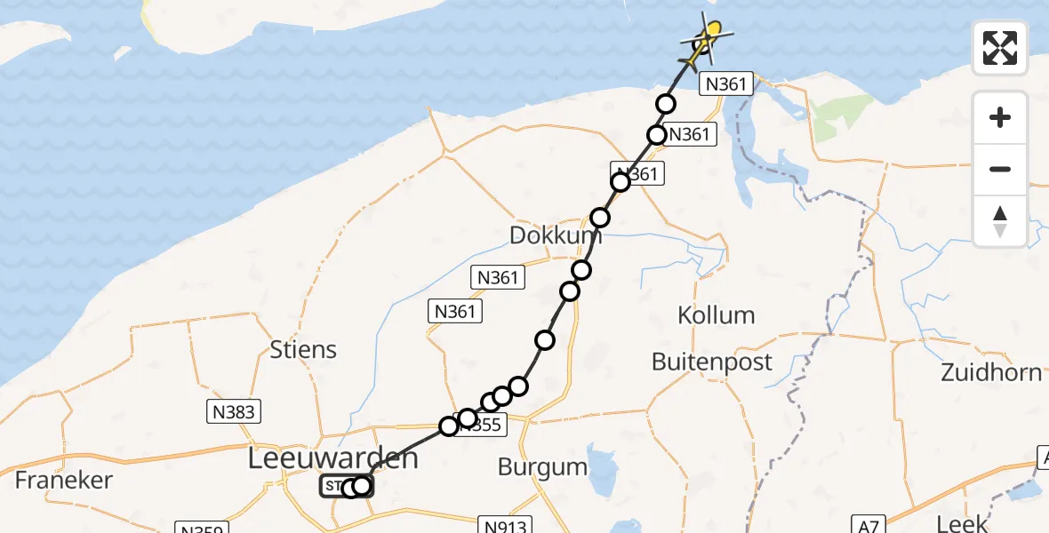 Routekaart van de vlucht: Ambulanceheli naar Schiermonnikoog, Drachtsterweg