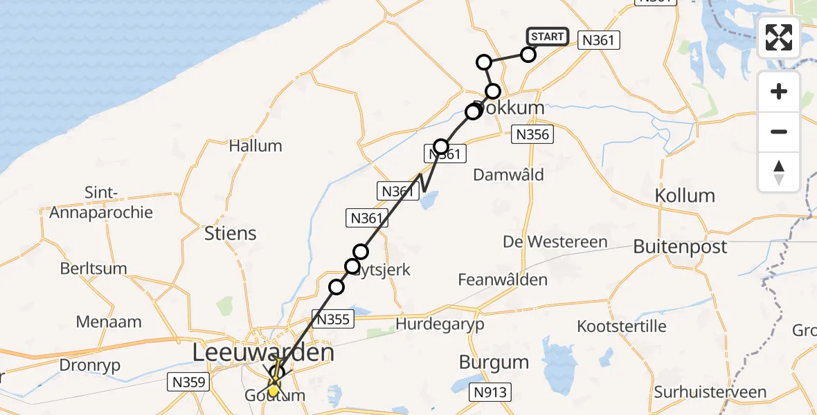 Routekaart van de vlucht: Ambulanceheli naar Leeuwarden, Jagtlustwei