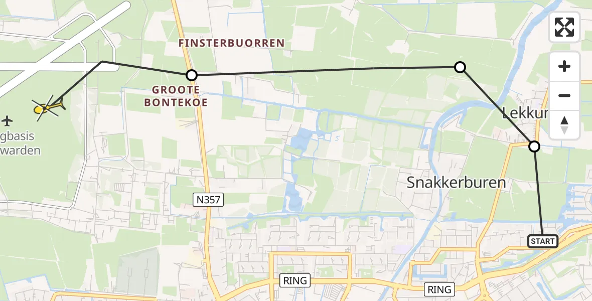 Vluchtroute Ambulancehelikopter van Leeuwarden naar Vliegbasis Leeuwarden