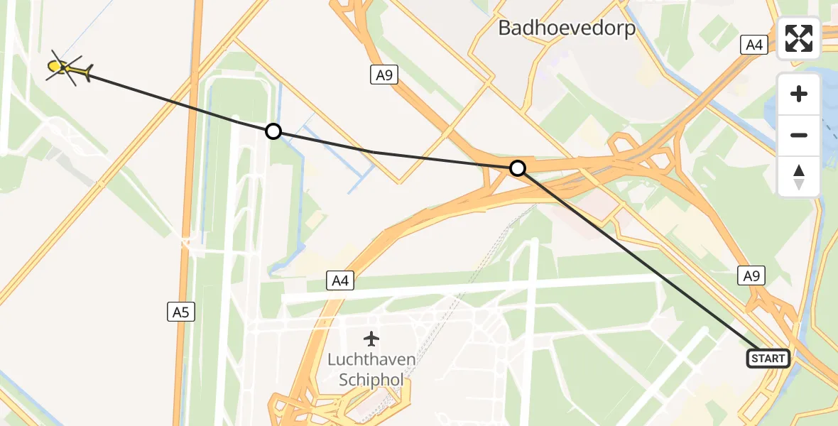 Routekaart van de vlucht: Politiehelikopter naar Lijnden, Vijfhuizerweg