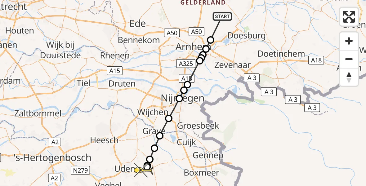 Routekaart van de vlucht: Lifeliner 3 naar Vliegbasis Volkel, Beekhuizenseweg