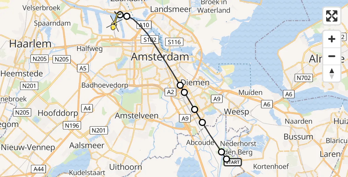 Routekaart van de vlucht: Lifeliner 1 naar Amsterdam Heliport, Vredelantsepad