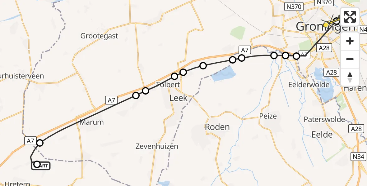 Routekaart van de vlucht: Lifeliner 4 naar Universitair Medisch Centrum Groningen, De Feart