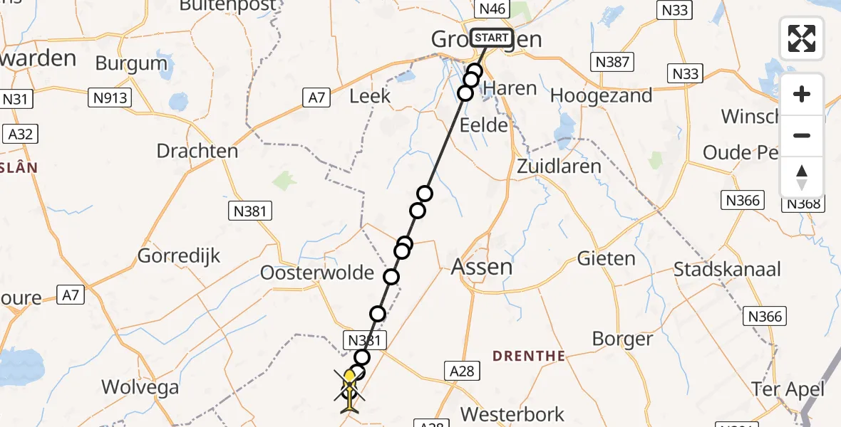 Routekaart van de vlucht: Lifeliner 4 naar Diever, T.W.S. Mansholtstraat