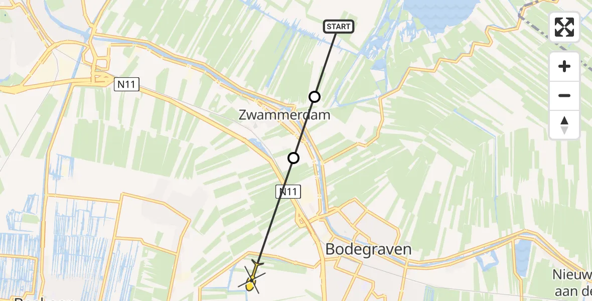 Routekaart van de vlucht: Politieheli naar Bodegraven, Ziendeweg