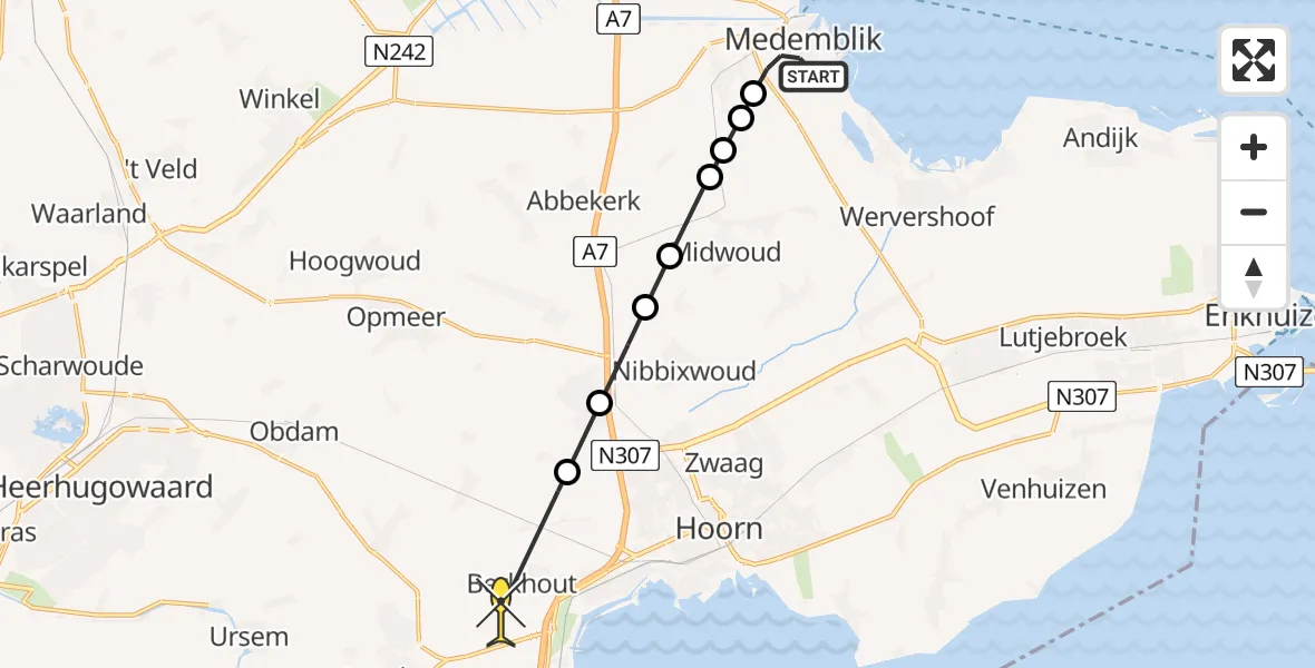 Routekaart van de vlucht: Lifeliner 1 naar Berkhout, Almereweg