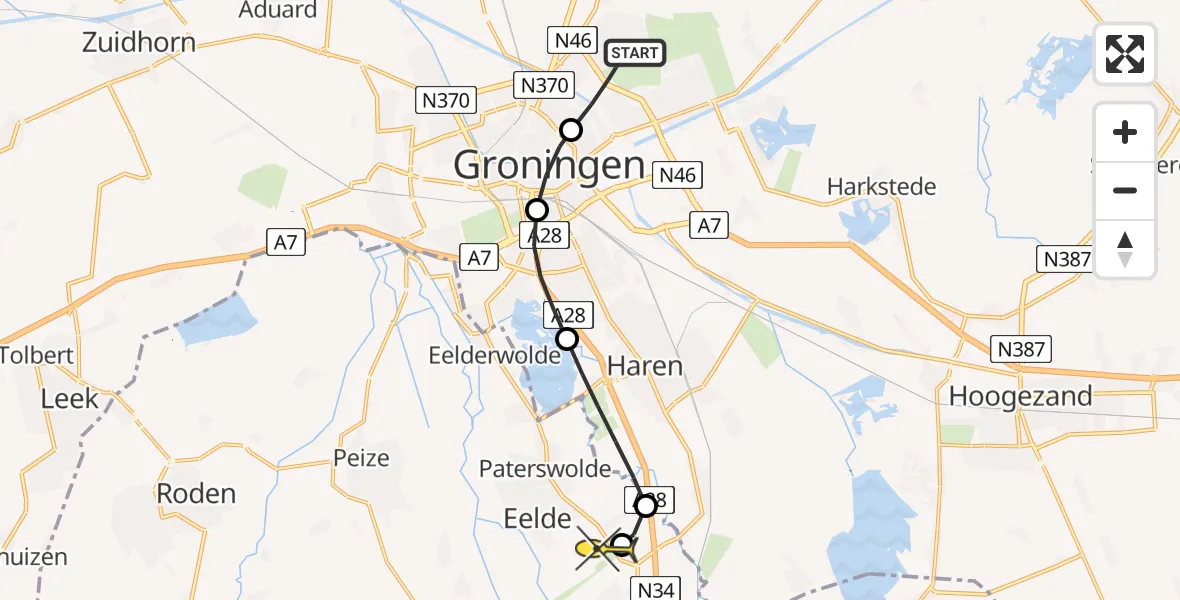 Routekaart van de vlucht: Lifeliner 4 naar Groningen Airport Eelde, Huizingermaar