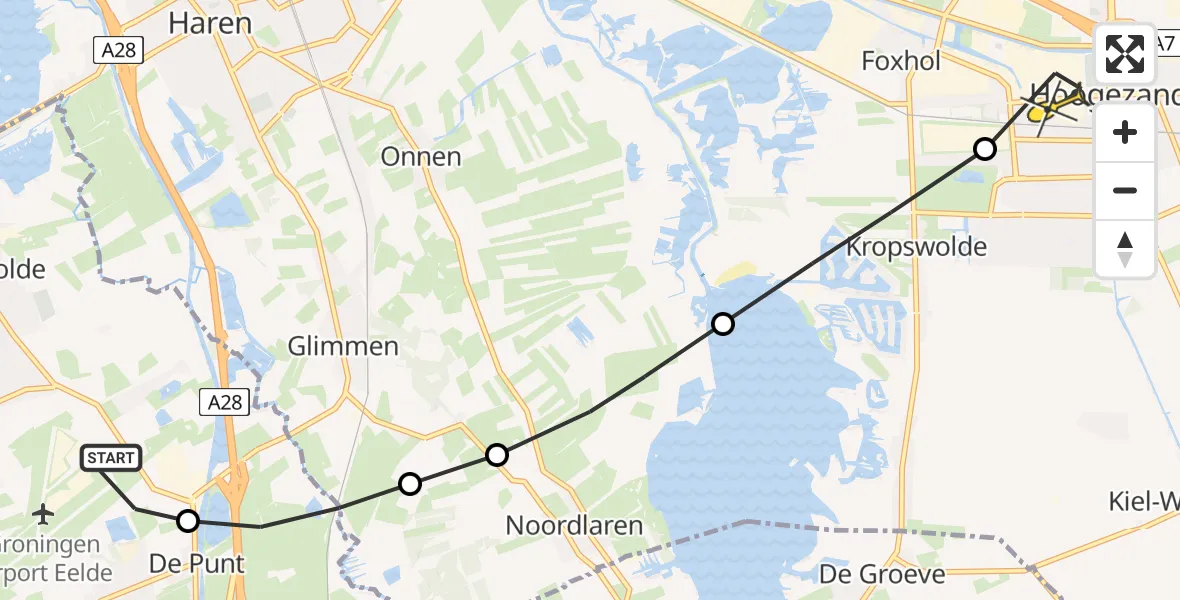 Routekaart van de vlucht: Lifeliner 4 naar Hoogezand, Groningerstraat