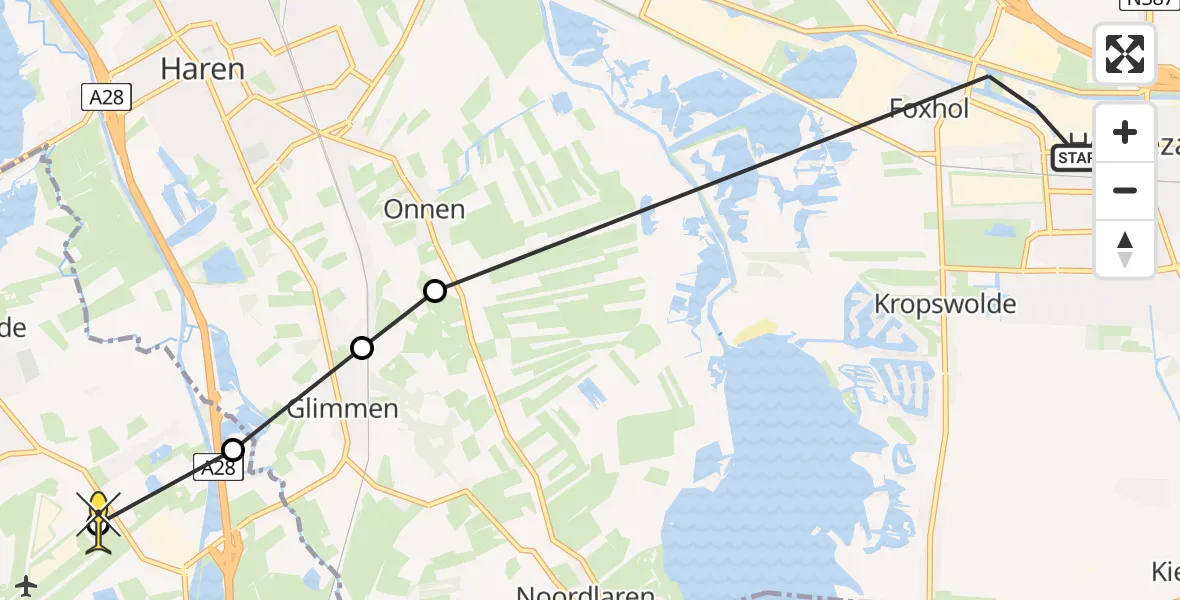 Routekaart van de vlucht: Lifeliner 4 naar Groningen Airport Eelde, Korte Groningerweg