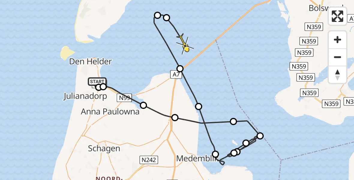 Routekaart van de vlucht: Kustwachthelikopter naar Den Oever, Middenvliet