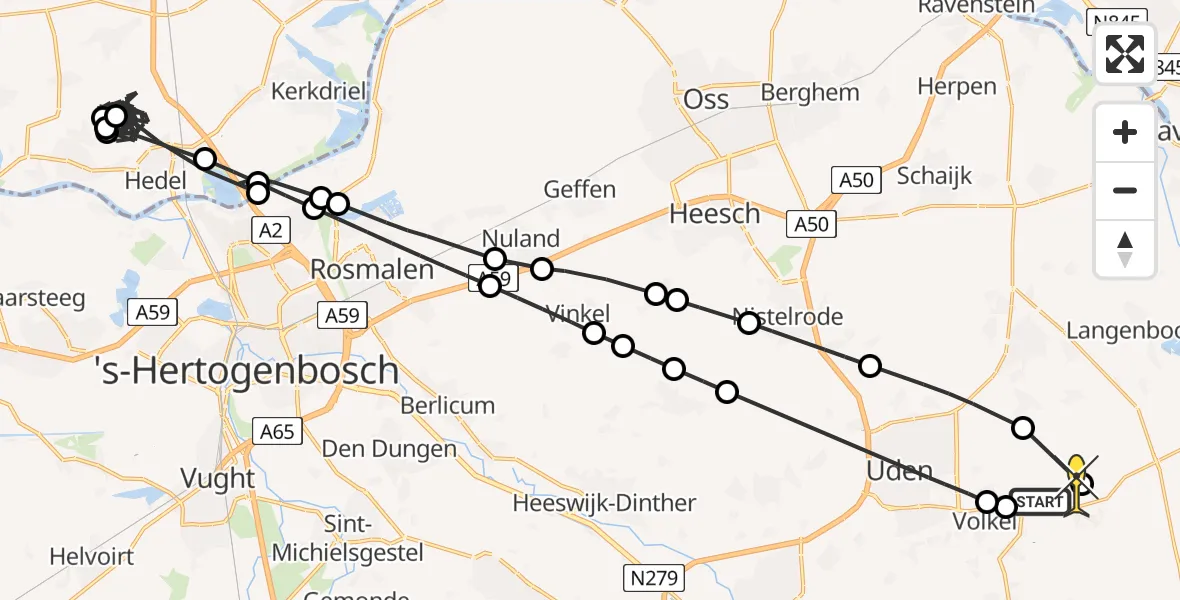 Routekaart van de vlucht: Politieheli naar Vliegbasis Volkel, Lagenheuvelstraat