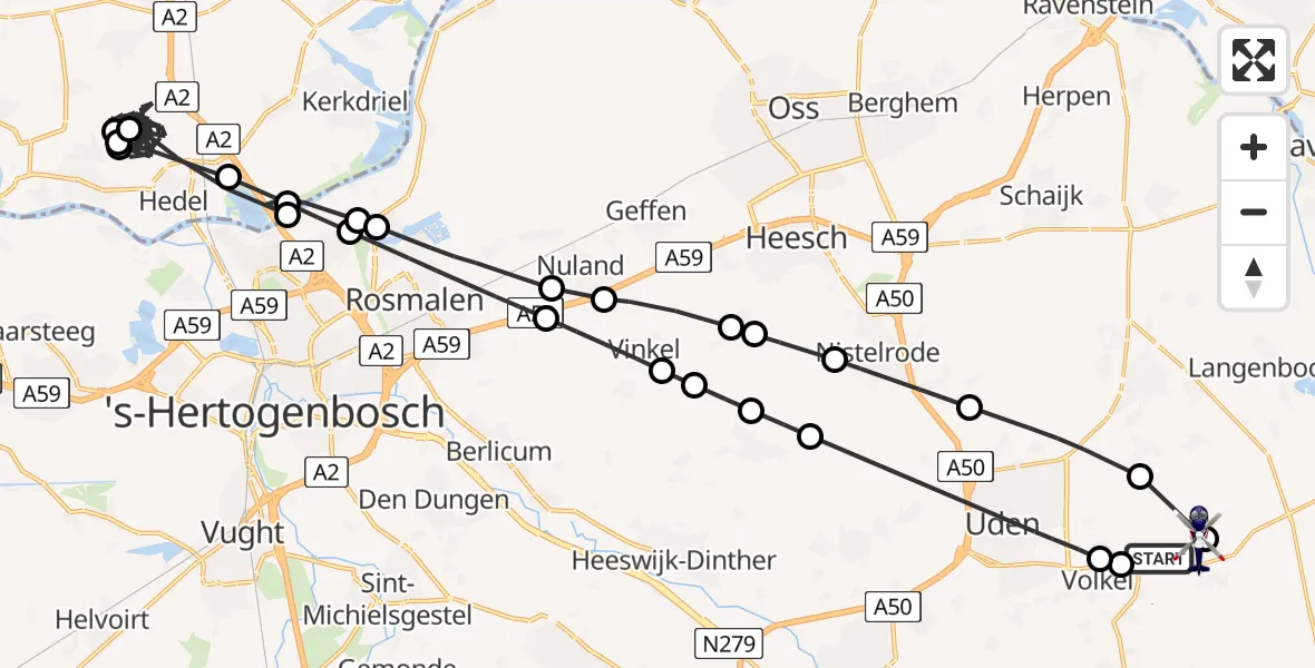 Vluchtroute Politiehelikopter van Vliegbasis Volkel naar Vliegbasis Volkel
