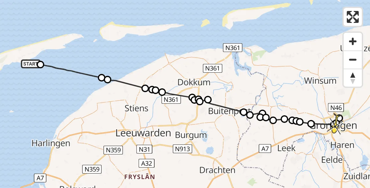 Routekaart van de vlucht: Ambulanceheli naar Universitair Medisch Centrum Groningen, Gerbrand Bakkerstraat