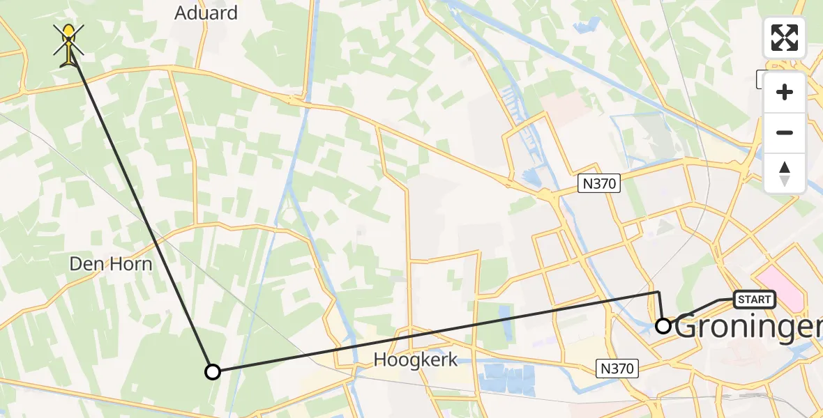 Routekaart van de vlucht: Ambulancehelikopter naar Aduard, Dr. C. Hofstede de Grootkade