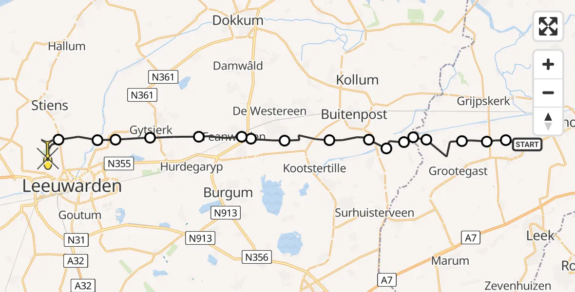 Routekaart van de vlucht: Ambulanceheli naar Vliegbasis Leeuwarden, Zandumerweg