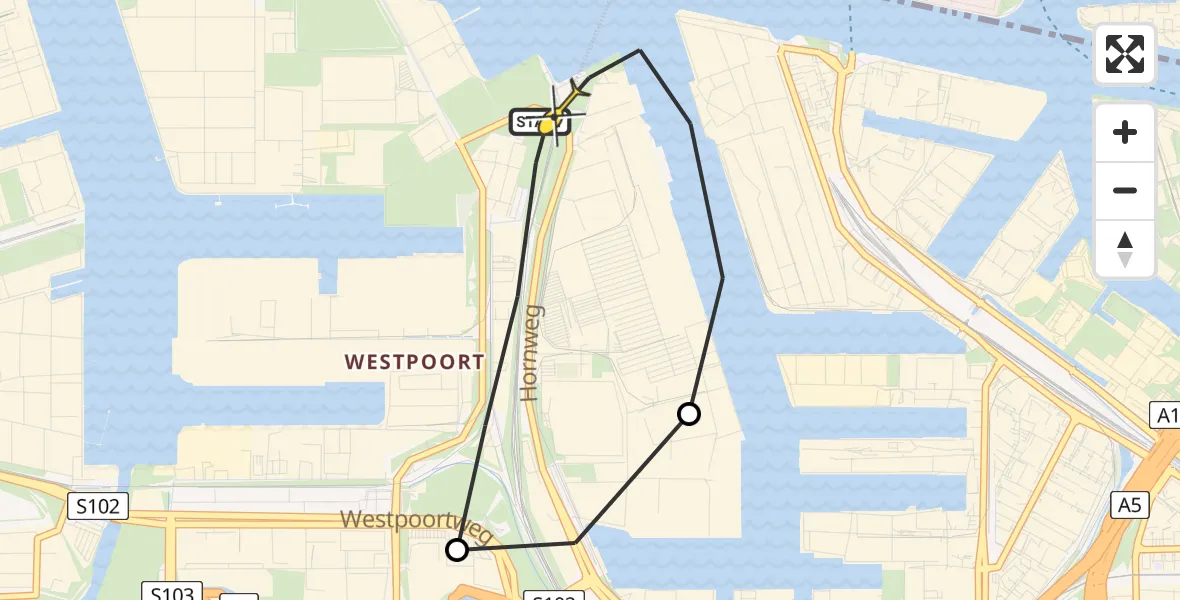 Routekaart van de vlucht: Lifeliner 1 naar Amsterdam Heliport, Nieuw-Zeelandweg