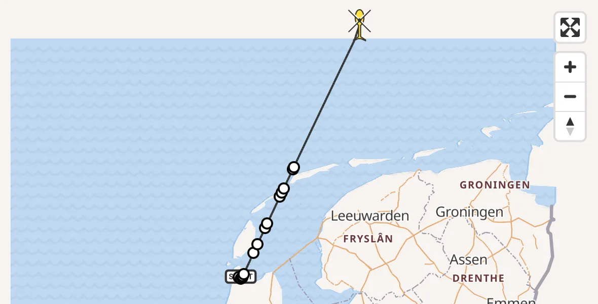 Routekaart van de vlucht: Kustwachthelikopter naar Middenvliet