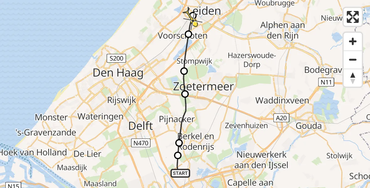 Routekaart van de vlucht: Lifeliner 2 naar Leiden, Korte Vliet