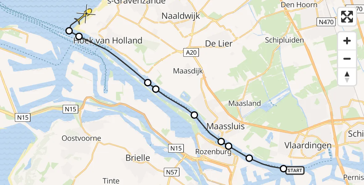 Routekaart van de vlucht: Politieheli naar Hoek van Holland, Middenbospad