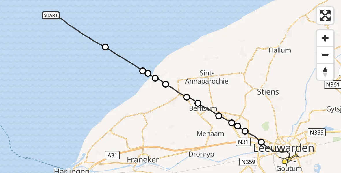 Routekaart van de vlucht: Ambulanceheli naar Leeuwarden, Borniastraat