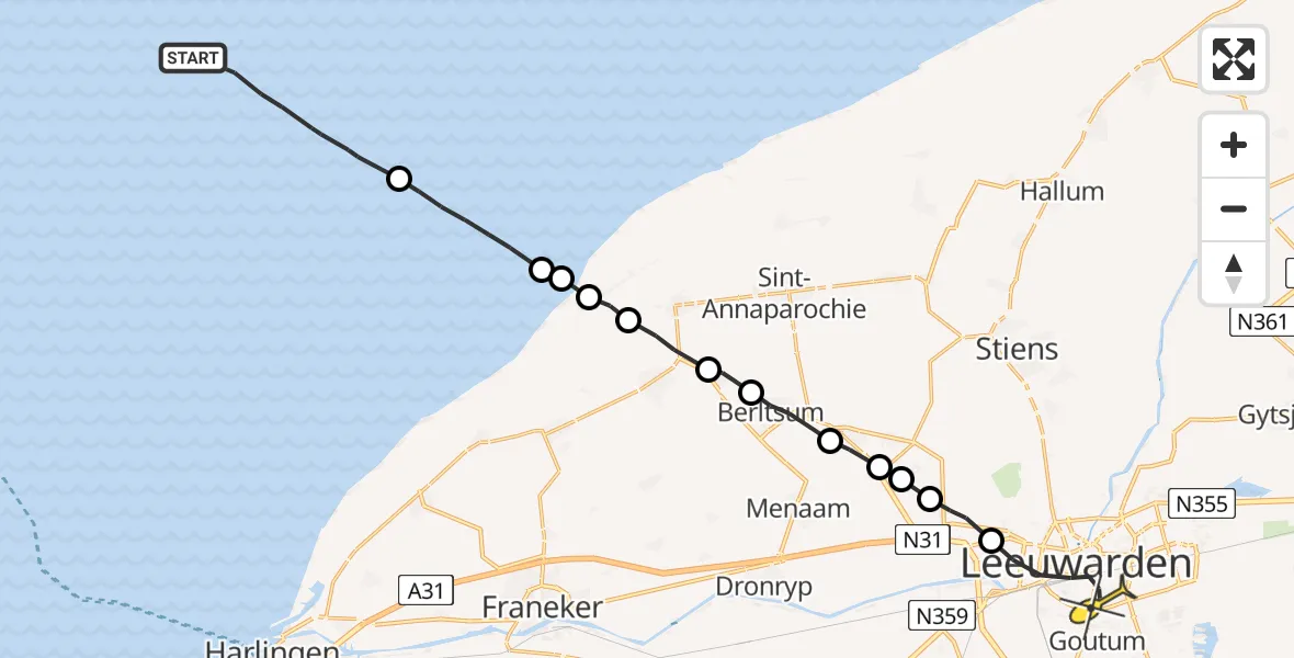Routekaart van de vlucht: Ambulancehelikopter naar Leeuwarden, Borniastraat