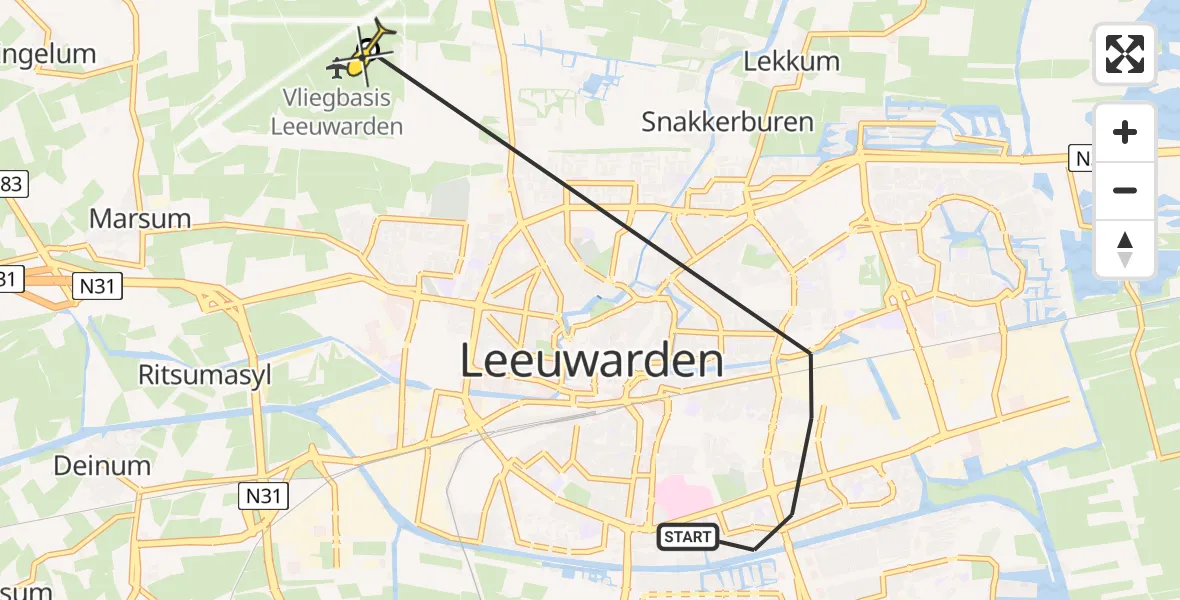 Routekaart van de vlucht: Ambulanceheli naar Vliegbasis Leeuwarden, Zenegroen