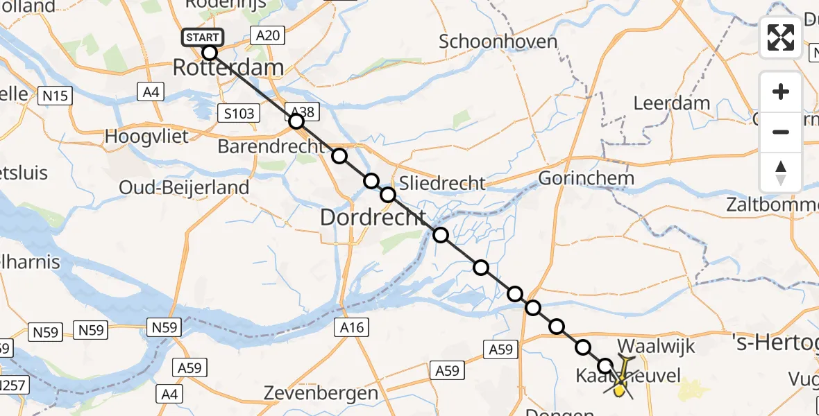 Routekaart van de vlucht: Lifeliner 2 naar Kaatsheuvel, Schipholstraat