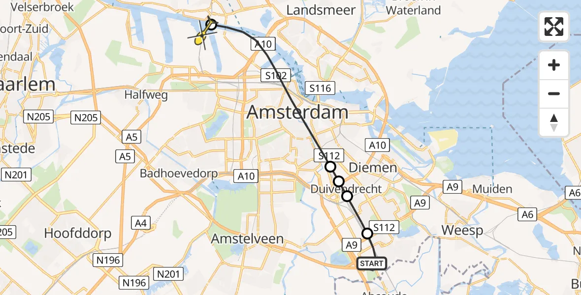 Routekaart van de vlucht: Lifeliner 1 naar Amsterdam Heliport, Abcouderstraatweg