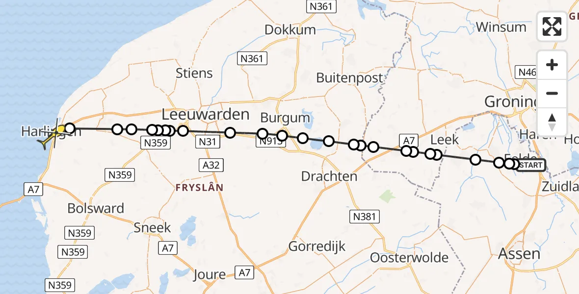 Routekaart van de vlucht: Lifeliner 4 naar Harlingen, Watermolendijk