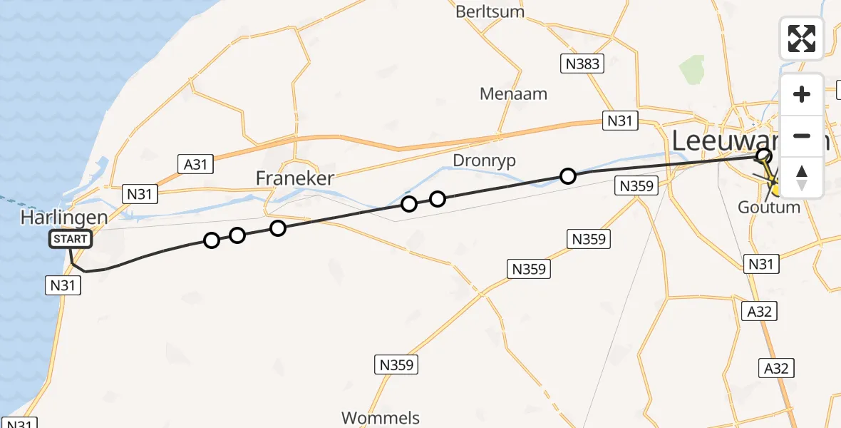 Routekaart van de vlucht: Lifeliner 4 naar Leeuwarden, Waadseewei