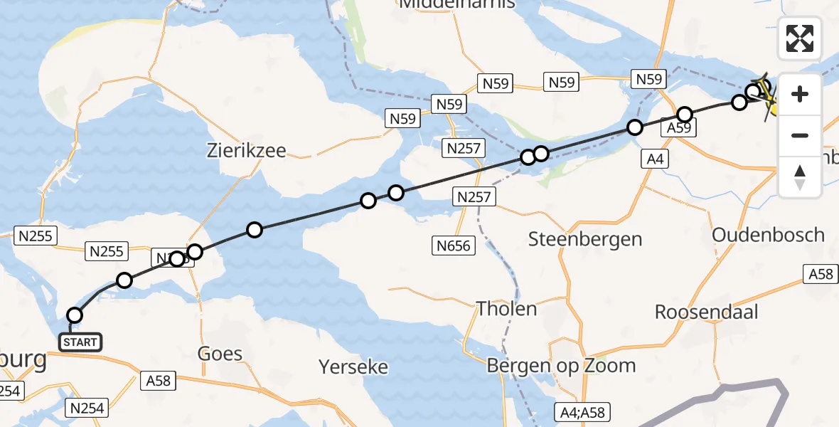 Routekaart van de vlucht: Kustwachthelikopter naar Klundert, Schenge